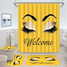 Juego de cortina de ducha con diseño de pestañas en color amarillo dorado, 4 piezas, juego de baño para niñas con ganchos, poliéster, 72"x72",