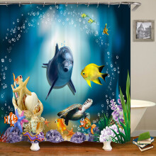 Cortina de ducha para baño con estampado 3D de delfines de dibujos animados marinos, decoración del hogar, impermeable, con ganchos.