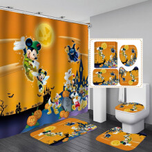 Sprchový záves Mickey, 4 ks, sada s protišmykovými koberčekmi, krytom na toaletu a kúpeľňovou predložkou, vodeodolná polyesterová tkanina,