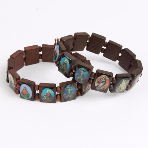Conjunto de 3 pulseiras com Jesus, anjo e Maria, em madeira elástica, com ícones católicos e bênçãos. 2