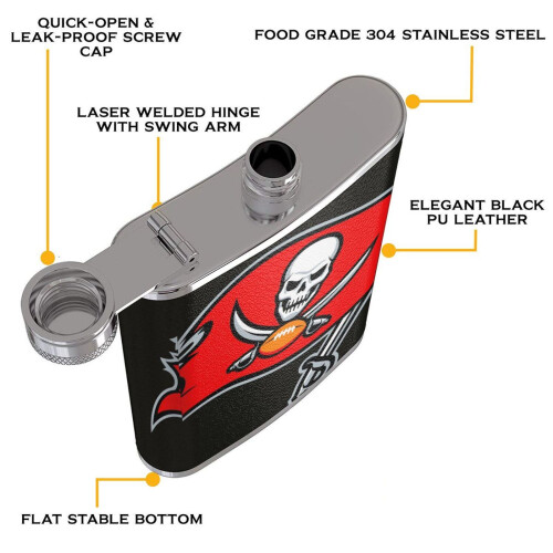 Φιάλη Buccaneers Fagon Hip Flask8oz, Ανοξείδωτο ατσάλι και δέρμα κατάλληλο για τρόφιμα, Φορητή 2