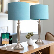 Nowoczesny zestaw 27-calowych lamp stołowych z ładowaniem USB A+C, klosz z tkaniny w kolorze szczotkowanej stali do salonu, sypialni