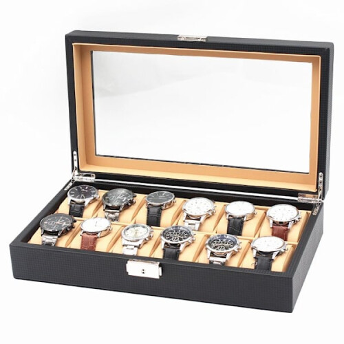Watch box12watches - Πολυτελές μοντέλο σε μαύρο ανθρακί με ανοιχτό καφέ εσωτερικό