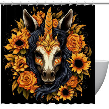 Cortina de ducha con diseño de girasol y unicornio, impermeable, con ojales y ganchos, decoración moderna para baño, 72" x 72".