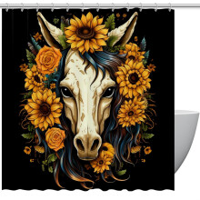 Cortina de ducha con ojales y ganchos, diseño de girasol y unicornio, 167 x 182 cm, ideal para la decoración del baño.