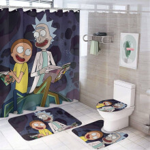 Rick a Morty, 4dílná sprchová sada: nepromokavý závěs, protiskluzová podložka, kryt na toaletu a 12 háčků – kompatibilní se