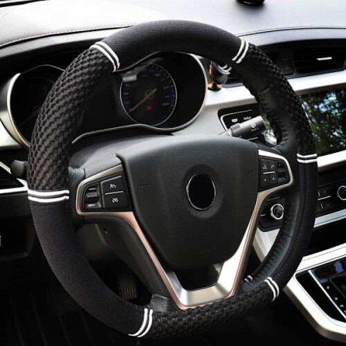 Capa de volante preta e branca para carro, universal de 15 polegadas, em tecido.