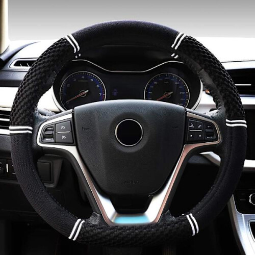 Capa de volante preta e branca para carro, universal de 15 polegadas, em tecido. 1