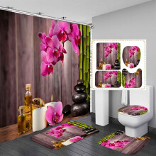 Juego de 4 piezas de cortina de ducha Zen Spa con alfombras, tela blanca impermeable, flor de loto blanca, orquídea morada, piedra, bambú verde,
