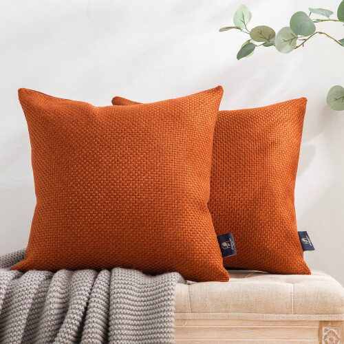 Phantoscope Classic Woven Textured Thick Solid Color Checker Plaid Series Decorative Throw Pillow, 20" x 20", Orange, 2 Pack