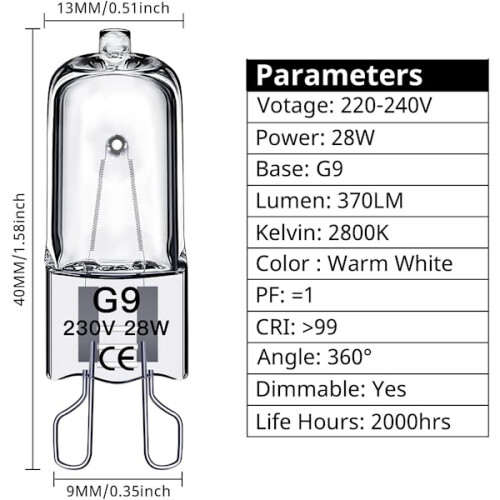 G9 halogenlampa 28W, 230V, 10-pack 28W 1