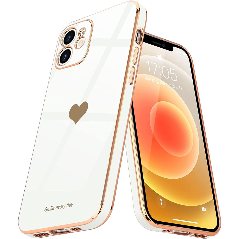 Compatible With Iphone 12 Case For Women/Girl Cute Love Heart Luxury Bling Soft Back Cover Camera Protection Shockproof Silicone Bumper Case - White 9395123726571