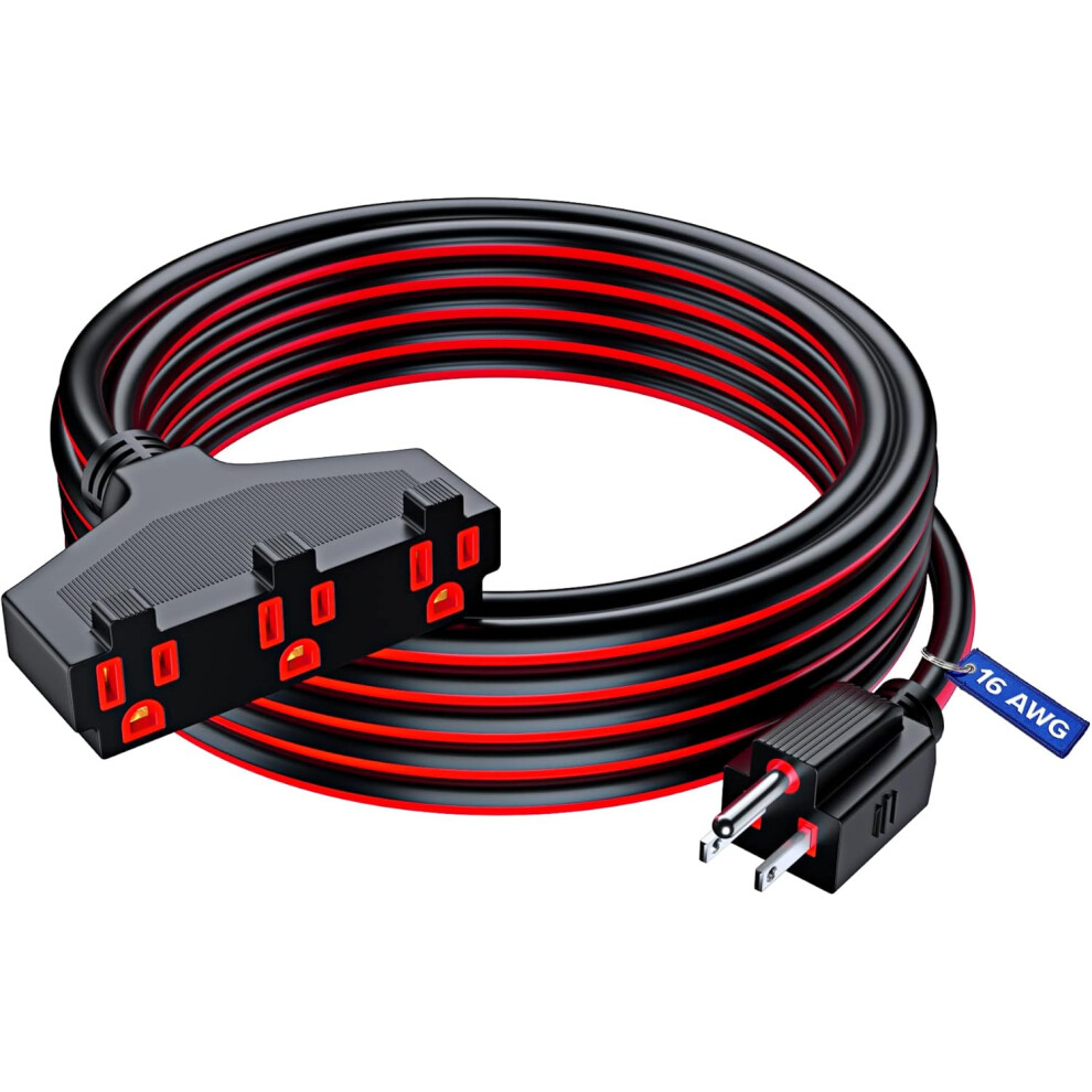Extension Cord 25 Ft, Outdoor Extension Cord With Multiple Outlets, 16 Gauge (Black And Red) Etl Listed 9071309671490