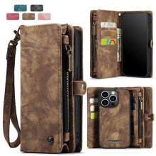 Retro-Leder-Wallet-Case mit Kartenhalter, kompatibel mit iPhone 16 und Samsung, magnetischer Klappdeckel mit Reißverschluss, Braun