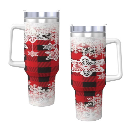 Εξατομικευμένο ποτήρι Snow & Plaid 40oz με λαβή και καλαμάκι - Κύπελλο καφέ ταξιδιού από 2