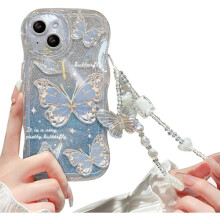 Kompatibel med iPhone, sött fjärilsglitter, stötsäkert skal med armband för kvinnor/flickor, blått för iPhone X/XS