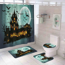 Fyra delars set med Halloween-tryckt duschdraperi, matta, kombination av badrum, toalettmatta, badrumsdraperiset, 45*75, fyrdelars set