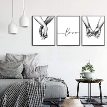Lot de 3 tableaux ORP Pro « Amour et Main dans la Main », impression sur toile avec dessin au trait noir et blanc, 20 x 25 cm (sans cadre, lot de