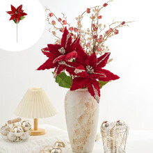 Fleurs de Noël artificielles avec tiges et feuilles, composition florale en tissu pour sapin de Noël, fête, centre de table de mariage – 1 pièce