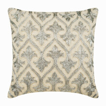 Housse de coussin brodée Zardosi argentée 35,5 x 35,5 cm (14 x 14 pouces) en lin beige - Reflets argentés