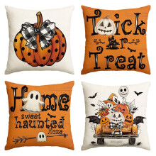 Sm: )e Set di 4 federe per cuscino decorativo da esterno con zucca a pois, camioncino di Halloween con scritta "Dolcetto o scherzetto", 18x18 pollici.
