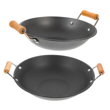 2pcs Small Stainless Steel Wok with Wooden Handle NonStick Hot Pot for Seafood and Home Cooking
