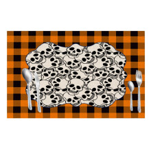 Halloween Place Mats Set of 4, Pumpkins Funny Composition Traditional Celebration Witches Hat Broomstick, Washable Fabric Placemats for Dining Table