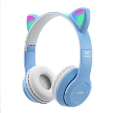 Kids Cat Ear Wireless Headphones, LED Light Up Bluetooth Over-Ear Purple Headphones for Toddler Boy Girl Teen With Microphone (Light Blue)
