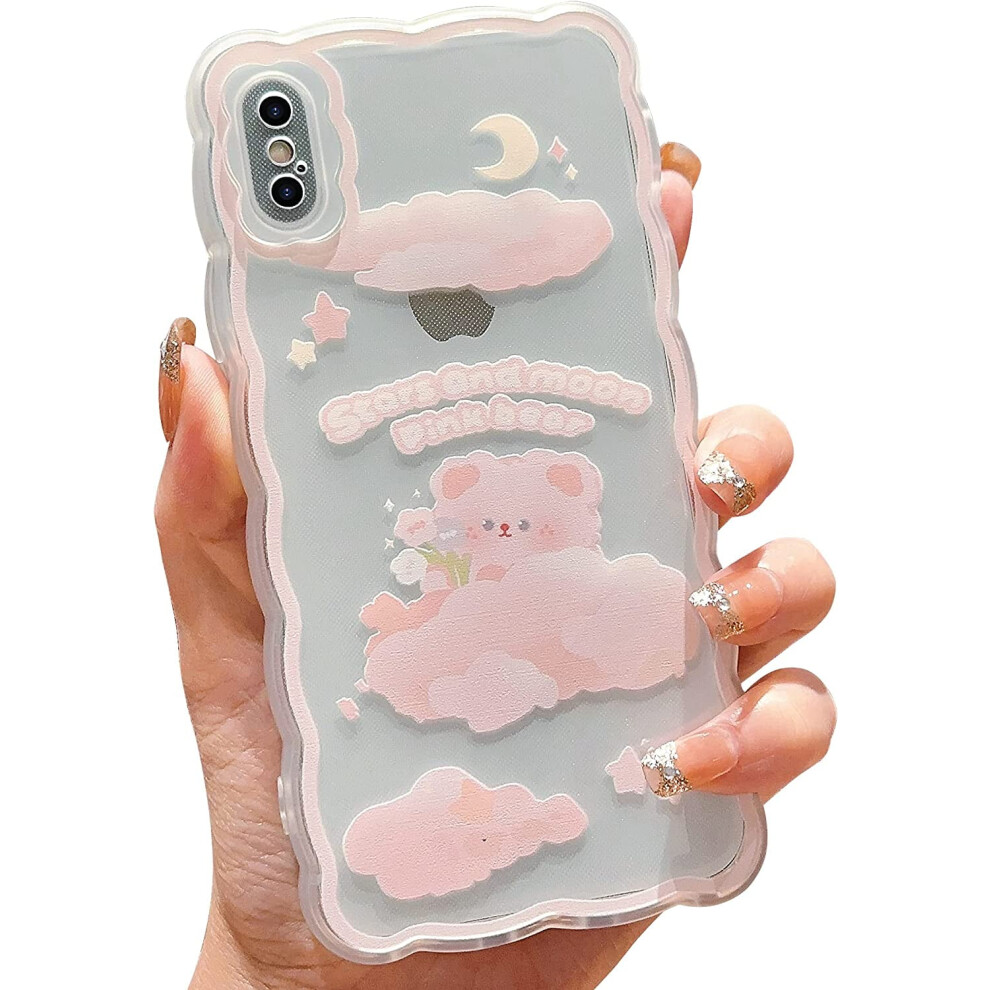 Compatible With Iphone X/Xs Cute Cartoon Floral Clouds Moon Bear Design Aesthetic Kawaii Slim Soft Tpu Transparent Case For Women Girls 5.8 Inch - Light/Pink 9395123887906