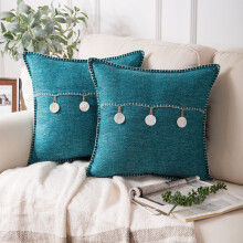 Funda de cojín decorativa cuadrada Phantoscope Farmhouse Button Series para sofá, 45 x 45 cm, azul lago, triple botón, paquete de 2