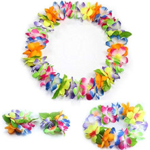 Prachtige Hawaïaanse hoofdtooi met bloemen, leis, ketting, armbanden en een hoofdband met bladeren voor feestdecoratie (veelkleurig met groene