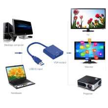 Adaptér Pretty Comy USB 3.0 na VGA bez ovladačů, samec, 15pinový samice, video převodník pro Windows 98/2000/7/8 / Vista / 10l, modrý