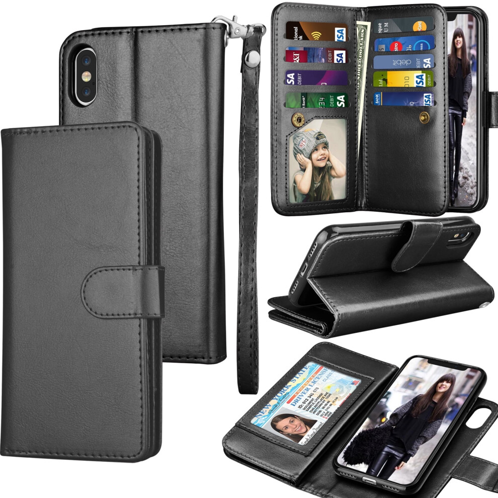 Wallet Cases For Compatible With Iphone Xs Max/Xr/Xs/X, Luxury Flip Cover With Card Slots, Detachable Magnetic Case, Kickstand & Lanyard Black 9395123103877