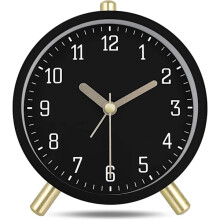 Despertador analógico clássico silencioso em metal preto, estilo moderno.