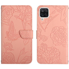 Case for compatible with Samsung Galaxy A12, Anti-drop Shockproof Leather Case with Wrist Strap, Flowers and Butterflies PU Flip Cover