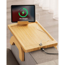 Sofa Arm Tray with Type C & USB Port, 360 Phone Holder, Anti-Slip Cup Holder for Snacks, Drinks - Compatible with Most Sofas