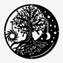 Wandbild „Baum des Lebens“, 30 cm runder Metalldekor aus Eisen – Schwarzes Sonne- und Monddesign für Wohnzimmer und Schlafzimmer (Kompatibel
