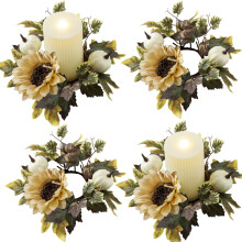 4 stuks herfstkaarsenringen, kunstmatige pompoenen en esdoornbladeren met zonnebloemen, voor pilaren, Thanksgiving, herfstbruiloften, feesten,
