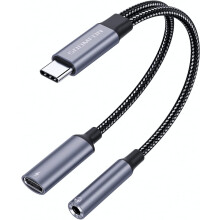Adaptér a nabíječka s USB-C konektorem pro sluchátka - 2v1 audio adaptér z USB-C na 3,5mm konektor s rychlonabíjecím portem PD60W