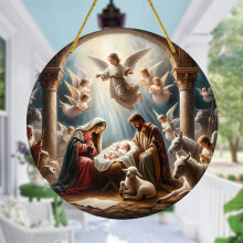 Weihnachtskrippen-Holzschild – Mehrfarbiger Wandbehang für Wohnzimmer, Schlafzimmer, Türdekoration, runde Weihnachtsdekoration, Einheitsgröße,