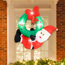 Opblaasbare kerstkrans van 120 cm (4 ft), voorzien van 5 ledlampjes en een rode strik, kerstdecoratie voor binnen en buiten, inclusief 2 touwen.