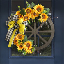 Couronne de Noël Hiroekza, guirlande de nœuds tournesol pour porte d'entrée, disque décoratif mural en bois avec fleurs artificielles