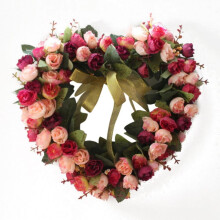 Couronne de porte en forme de cœur, guirlande de roses artificielles, rose, 35,5 cm (14 pouces), idéale pour la décoration de la maison, d'un