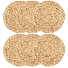 Qtmnekly Round Woven Placemats, Water Hyacinth Woven Rattan Placemats Round Braided Rattan Tablemats Non-Slip Insulation Pads