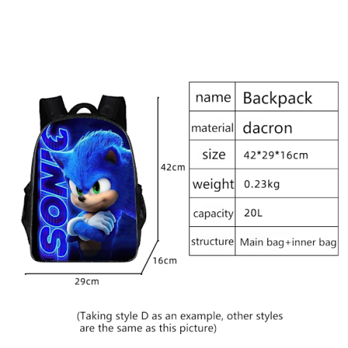 Σακίδιο πλάτης SONIC Σακίδιο πλάτης δημοτικού σχολείου Sonic Τσάντα ώμου με κινούμενα 1