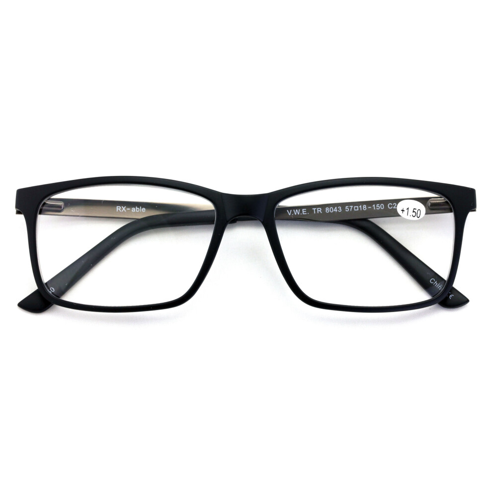 Men Premium Rectangle TR90 with Extended Metal Temple - Extra Large Reader - 147mm Wide Frame Reading Glasses +3.25