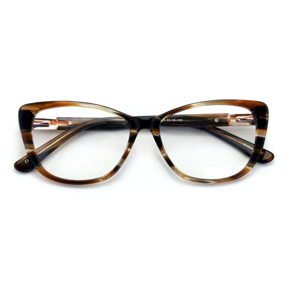 Gold Women Premium Acetate Big Lens Cateye Reading Glasses - Fun Cat Eye Clear Lens Readers - Metal Accent