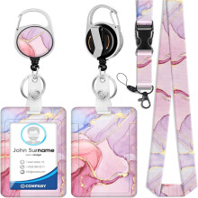 Portatarjetas de identificación con clip, carrete retráctil para etiquetas de nombre compatible con cordón de mármol rosa, estuche vertical para