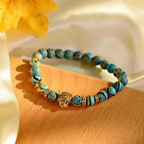 RSAMD Charm8mm Ξύλινες χάντρες Λάβας Τυρκουάζ Μαλαχίτης με κεφαλή λεοπάρδαλης για 2