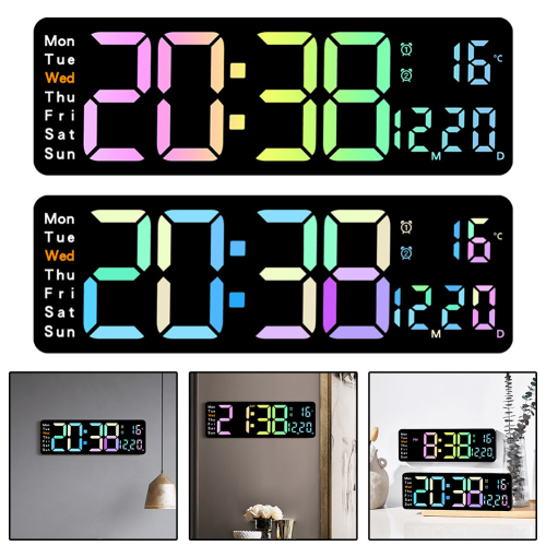 Relógio de parede digital de 13 polegadas com controle remoto, brilho automático e luz noturna, exibe temperatura, data, dia da semana, horário de